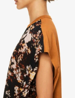 Dries Van Noten Floral-print Contrasting-back Cotton-blend T-shirt -VogueVibe Store R04180736 RUST ALT04