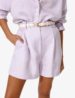 By Malina Edita High-rise Linen-blend Shorts -VogueVibe Store R04180775 VIOLET ALT04