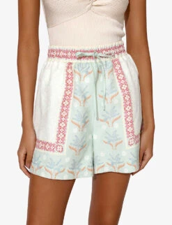 By Malina Minerva Abstract-print Linen-blend Shorts -VogueVibe Store R04180786 PASTELPALM ALT04