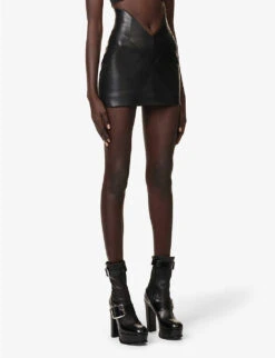Obsidian-embellished High-waist Leather Mini Skirt -VogueVibe Store R04181381 BLACK ALT02