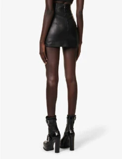 Obsidian-embellished High-waist Leather Mini Skirt -VogueVibe Store R04181381 BLACK ALT03
