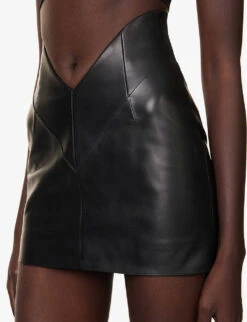 Obsidian-embellished High-waist Leather Mini Skirt -VogueVibe Store R04181381 BLACK ALT04