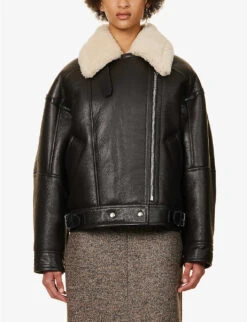 Acne Studios Buckle-embellished Relaxed-fit Shearling Jacket -VogueVibe Store R04184380 BROWN ALT02