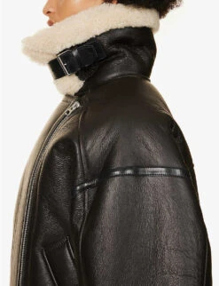 Acne Studios Buckle-embellished Relaxed-fit Shearling Jacket -VogueVibe Store R04184380 BROWN ALT06