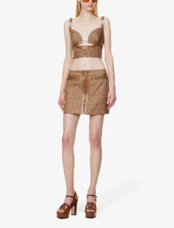 Versace Monogram Slim-fit Woven Mini Skirt 8 Versace Monogram Slim-fit Woven Mini Skirt -VogueVibe Store R04185112 BROWNBEIGE ALT01