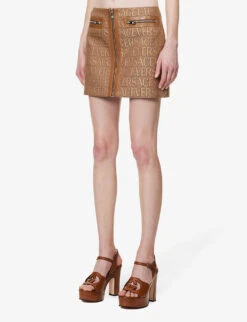 Versace Monogram Slim-fit Woven Mini Skirt 9 Versace Monogram Slim-fit Woven Mini Skirt -VogueVibe Store R04185112 BROWNBEIGE ALT02