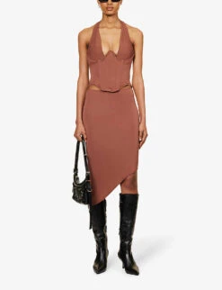 Vero Asymmetric-hem Stretch-woven Midi Skirt -VogueVibe Store R04185506 COCOA ALT01