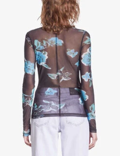THE KOOPLES Floral-print Long-sleeve Stretch-woven Mesh Top -VogueVibe Store R04187728 BLACKBLUE ALT03