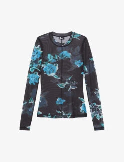 THE KOOPLES Floral-print Long-sleeve Stretch-woven Mesh Top