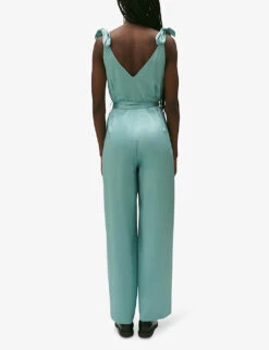 CLAUDIE PIERLOT Jizzie V-neck Satin Jumpsuit -VogueVibe Store R04189875 VERTS ALT03