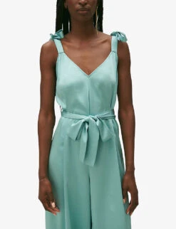 CLAUDIE PIERLOT Jizzie V-neck Satin Jumpsuit -VogueVibe Store R04189875 VERTS ALT04