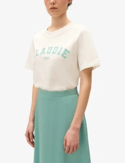 CLAUDIE PIERLOT Trim Logo-print Short-sleeve Cotton T-shirt -VogueVibe Store R04189901 NATURELS ALT02