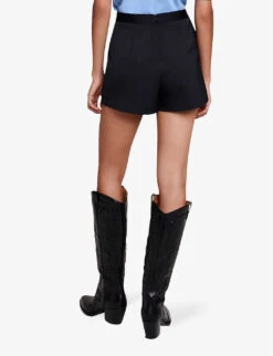 Maje Lupli Straight-fit Pleated Stretch-woven Shorts -VogueVibe Store R04190255 NOIRGRIS ALT03
