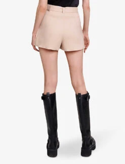 Maje Iosta Pocket-detail Asymmetric-hem Linen-blend Shorts -VogueVibe Store R04190414 NATURELS ALT03