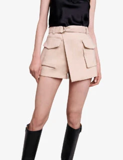 Maje Iosta Pocket-detail Asymmetric-hem Linen-blend Shorts -VogueVibe Store R04190414 NATURELS ALT04