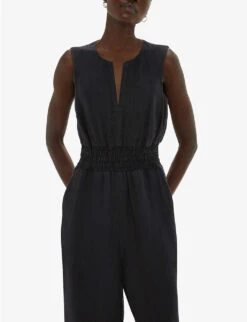 Whistles Danny Shirred-waist Sleeveless Linen Jumpsuit 9 Whistles Danny Shirred-waist Sleeveless Linen Jumpsuit -VogueVibe Store R04190959 BLACK ALT02