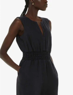 Whistles Danny Shirred-waist Sleeveless Linen Jumpsuit 11 Whistles Danny Shirred-waist Sleeveless Linen Jumpsuit -VogueVibe Store R04190959 BLACK ALT04