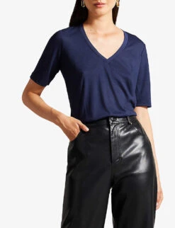 Ted Baker Kerika V-neckline Short-sleeve Woven T-shirt -VogueVibe Store R04190972 NAVY ALT02