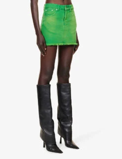 Mid-rise Raw-hem Denim Mini Skirt -VogueVibe Store R04192052 GREEN ALT02
