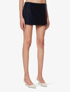 Prada Low-rise Logo-patch Cashmere Mini Skirt -VogueVibe Store R04192406 BLEU ALT02