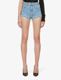 Mugler Crystal-embellished Mid-rise Stretch-denim Shorts -VogueVibe Store R04192667 LIGHTBLUE ALT02