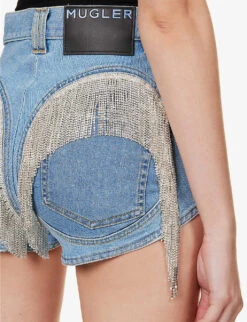 Mugler Crystal-embellished Mid-rise Stretch-denim Shorts -VogueVibe Store R04192667 LIGHTBLUE ALT04