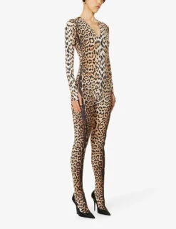 Roberto Cavalli Leopard-print Slim-fit Stretch-woven Jumpsuit -VogueVibe Store R04192682 NATURALE ALT02