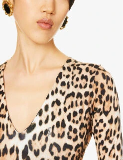 Roberto Cavalli Leopard-print Slim-fit Stretch-woven Jumpsuit -VogueVibe Store R04192682 NATURALE ALT05