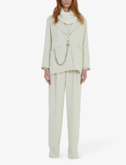 Chain-embellished Single-breasted Oversized Woven Blazer -VogueVibe Store R04194013 OFFWHITE ALT01
