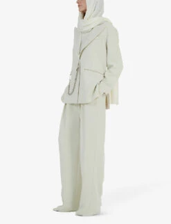 Chain-embellished Single-breasted Oversized Woven Blazer -VogueVibe Store R04194013 OFFWHITE ALT02