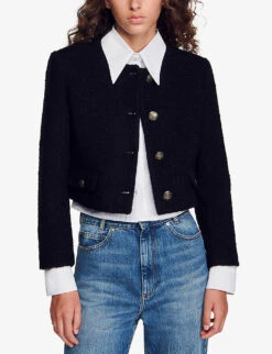Sandro Wallace Button-down Cotton-blend Boucle Jacket -VogueVibe Store R04194622 NOIRGRIS ALT02
