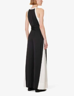 ME AND EM Halterneck Wide-leg Recycled-polyester Jumpsuit -VogueVibe Store R04194852 BLACKCREAM ALT03