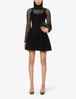 ALAIA Cage Metallic Flared-hem Knitted Mini Skirt -VogueVibe Store R04196682 NOIRALAIA ALT01
