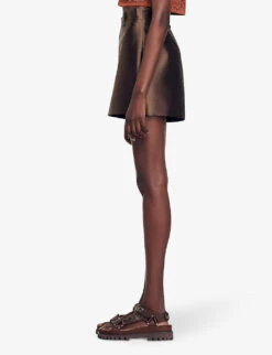 Sandro Dada High-rise Patch-pocket Satin Mini Skirt -VogueVibe Store R04197688 BRUNS ALT02