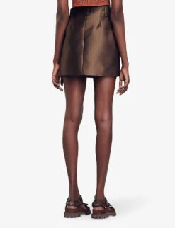 Sandro Dada High-rise Patch-pocket Satin Mini Skirt -VogueVibe Store R04197688 BRUNS ALT03