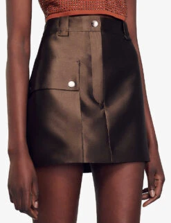 Sandro Dada High-rise Patch-pocket Satin Mini Skirt -VogueVibe Store R04197688 BRUNS ALT04