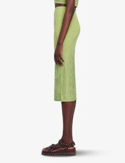 Sandro Manray Rhinestone-embellished High-rise Woven Midi Skirt -VogueVibe Store R04197758 VERTS ALT02