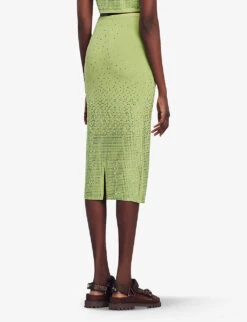 Sandro Manray Rhinestone-embellished High-rise Woven Midi Skirt -VogueVibe Store R04197758 VERTS ALT03