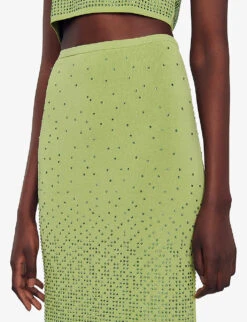 Sandro Manray Rhinestone-embellished High-rise Woven Midi Skirt -VogueVibe Store R04197758 VERTS ALT05