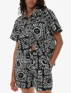 Whistles Sunman Graphic-print Elasticated-band Linen Cotton-blend Shorts -VogueVibe Store R04200353 MONOCHROME ALT02