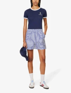 SRC-embroidered Striped High-rise Cotton-poplin Shorts -VogueVibe Store R04205046 WHITE ALT01