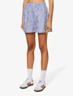 SRC-embroidered Striped High-rise Cotton-poplin Shorts -VogueVibe Store R04205046 WHITE ALT02