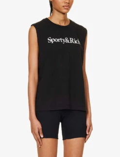 Brand-print Sleeveless Regular-fit Cotton T-shirt -VogueVibe Store R04205097 BLACKWHITE ALT02