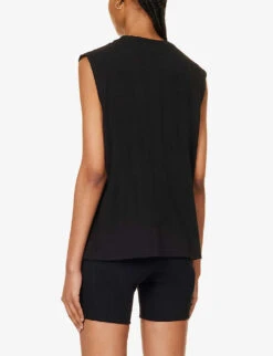 Brand-print Sleeveless Regular-fit Cotton T-shirt -VogueVibe Store R04205097 BLACKWHITE ALT03