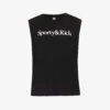Brand-print Sleeveless Regular-fit Cotton T-shirt -VogueVibe Store R04205097 BLACKWHITE M