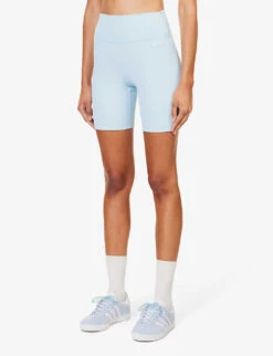 Logo-patch High-rise Stretch-woven Biker Shorts -VogueVibe Store R04205108 BABYBLUEWHITE ALT02