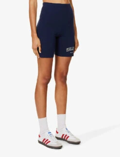 Wellness Brand-print High-rise Stretch-cotton Biker Shorts -VogueVibe Store R04205125 NAVYWHITE ALT02